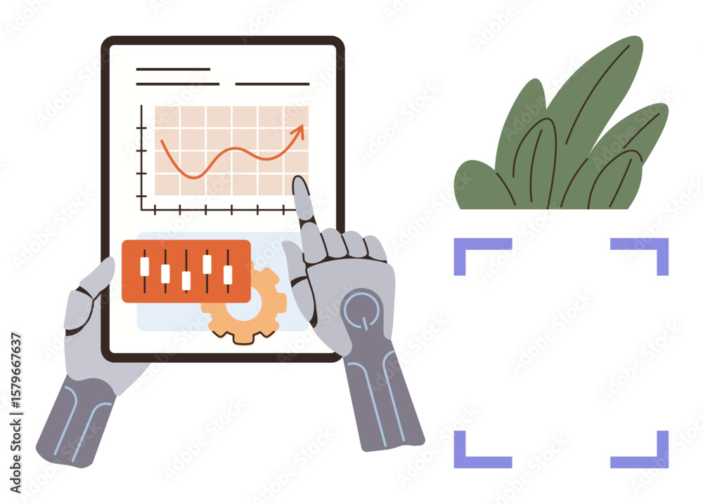 Poster robot hands interact with a tablet displaying a growth chart and settings gear. potted plant in scan
