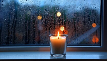burning candle in glass holder on rainy windowsill at night