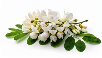 beautiful blossoming acacia with leafs isolated on white background