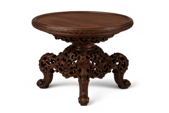 Round carved wooden table standing on transparent background, showing intricate craftsmanship and elegant design