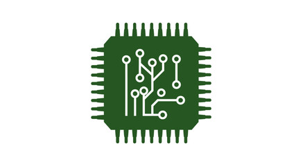 Green electronic microchip icon with circuit board design, representing technology and innovation.