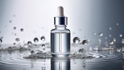 a sleek glass dropper bottle filled with a clear serum placed on a light surface with delicate water droplets around it