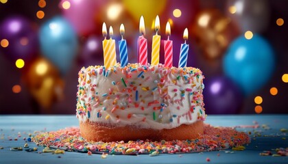 a festive birthday cake with candles and colorful balloons in the background
