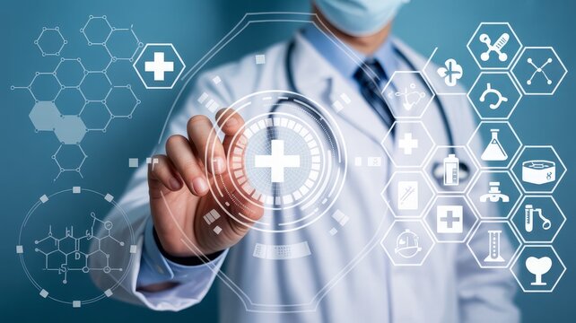 Doctor interacting with futuristic medical technology interface displaying health icons and molecular structures