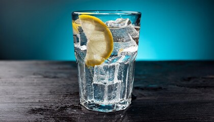 clear glass with ice and lemon holds a cold water beverage