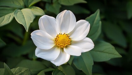 delicate white flower with yellow center on green leaves background