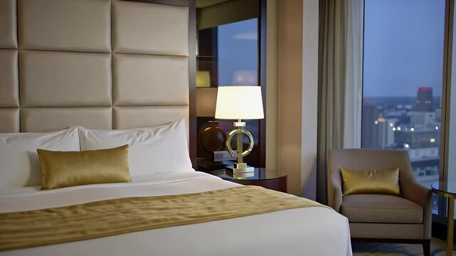 King Size Bed with White Linens Gold Runner and Nightstands with Lamps in Hotel Suite with an Evening City View