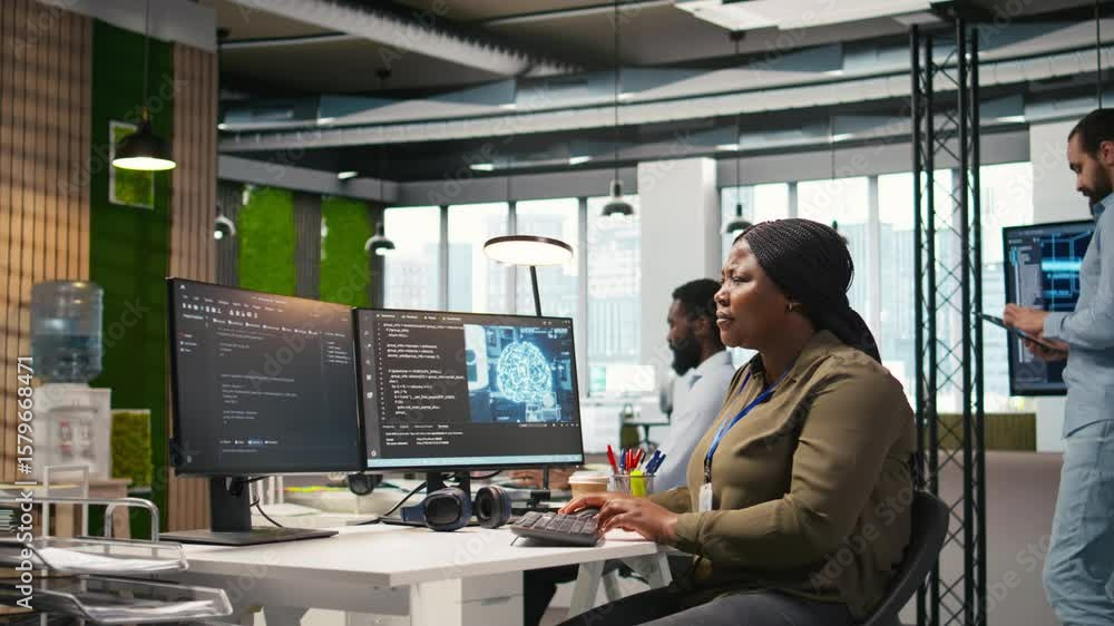 Poster female software developer using artificial intelligence to optimize performance and forecast issues.