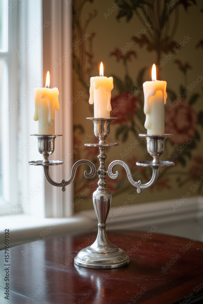 Poster elegant silver candelabra with three glowing candles creating a warm atmosphere in a vintage setting