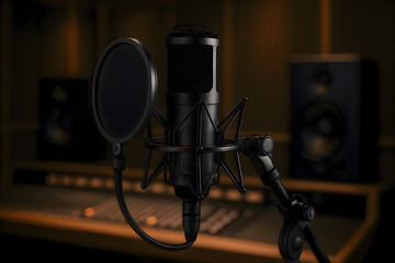 Studio microphone on a stand in a dimly lit recording booth, capturing a close-up view with soft lighting and acoustic background for music or voice recording