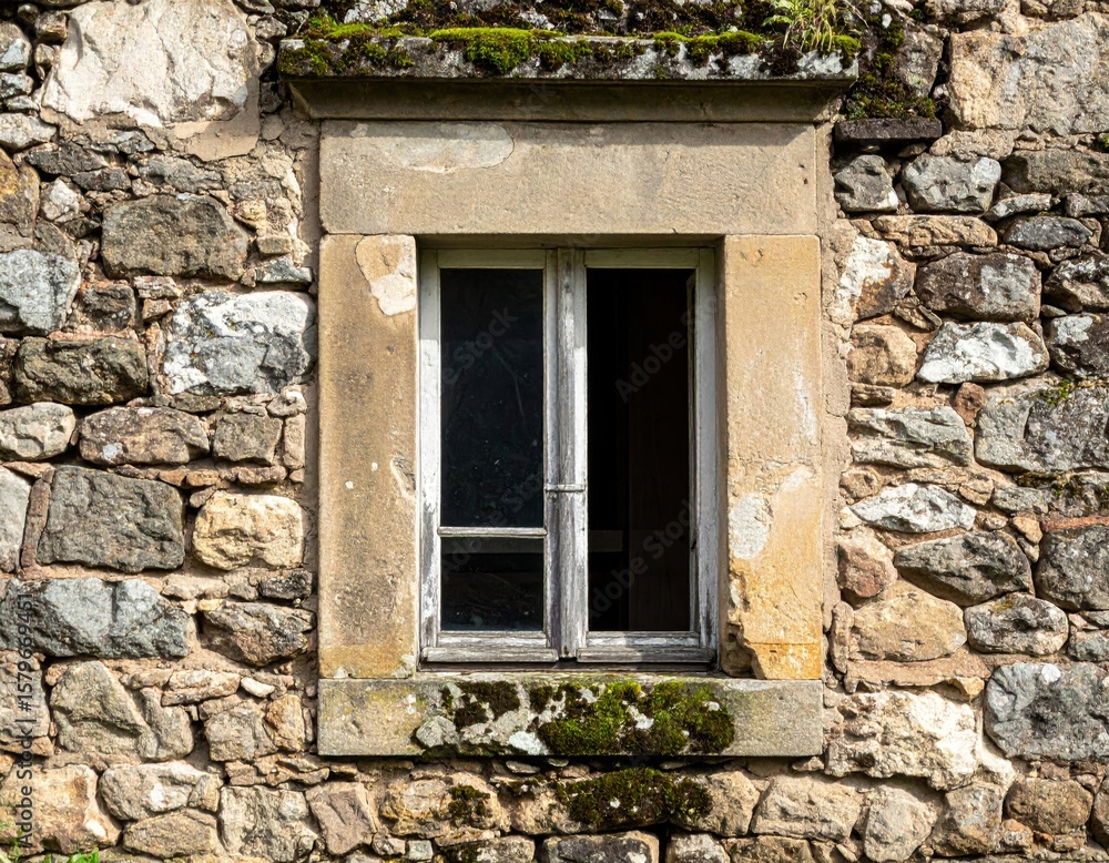 Poster old stone wall with a weathered window frame architecture in vintage style