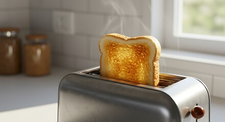 Toast Emerges: A single slice of perfectly toasted bread is gracefully ejected from a metallic toaster, accompanied by gentle wisps of steam, a symbol of warm mornings and simple pleasures.