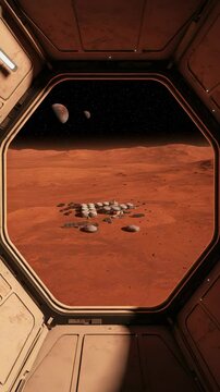 View from a Spaceship Window of a Colony on the Red Planet. Futuristic Mars exploration and colonization concept with moons in the sky.