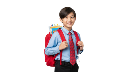 Happy schoolboy with backpack ready for school