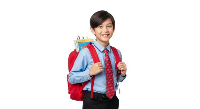 Happy schoolboy with backpack ready for school