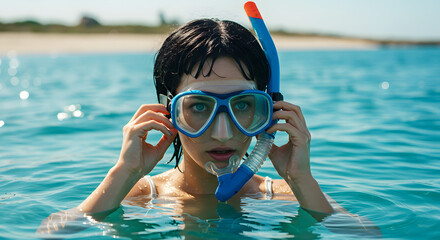 Young woman with snorkeling gear in the sea







