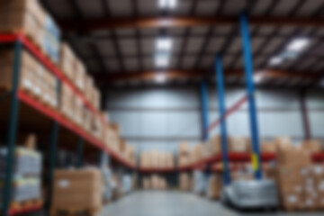 Fototapeta premium Blurred commercial shipping package warehouse, the atmosphere in the warehouse is full of package items ready to be sent to buyers, blurry wallpaper.