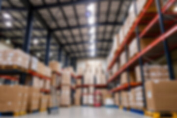 Fototapeta premium Blurred commercial shipping package warehouse, the atmosphere in the warehouse is full of package items ready to be sent to buyers, blurry wallpaper.