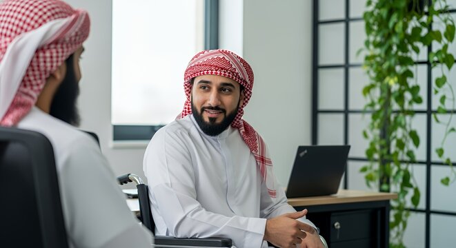 Inclusive Business Meeting: Two Arab Men in Traditional Attire Engaging in Conversation
