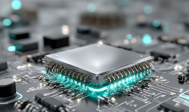 Modern AI chip connected through luminous circuit pathways on a futuristic motherboard illustrating artificial intelligence data processing