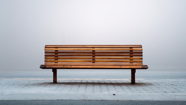 Empty park bench, foggy morning, quiet scene. Potential use stock photo