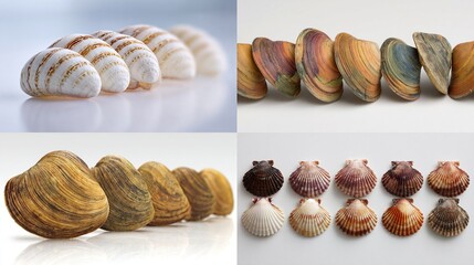 Four quadrants show assorted seashells, in rows. The shells showcase various colors and textures