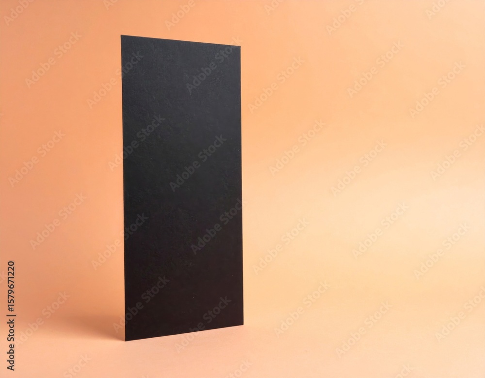 Poster isolated black rectangular shape standing on peach background in studio lighting