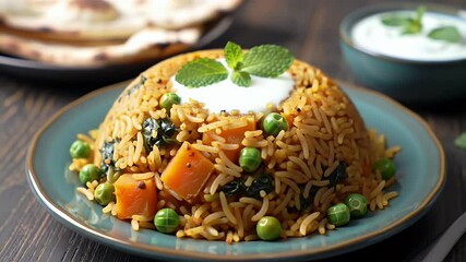 Vegetable Biryani on Teal Plate with Mint Over Dark Wood With Flatbread