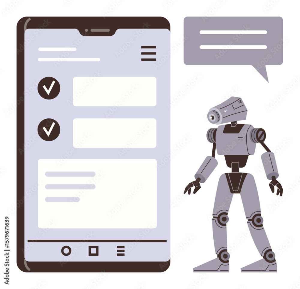 Poster mobile screen with task checklist, robotic assistant, and message bubble. ideal for automation, ai, 