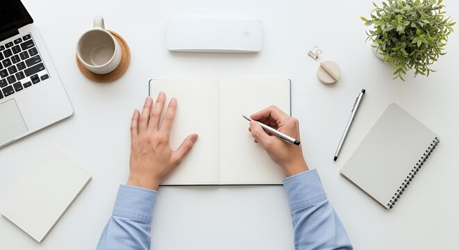 Overhead Shot of Person Writing in Notebook at Desk