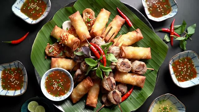 Vietnamese Cuisine Featuring Spring Rolls Meat Skewers and Chili Peppers on Banana Leaf with Dark Backdrop