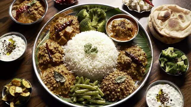 Vibrant South Indian Thali Meal with Rice Curries and Vegetables Overhead Shot on a Wooden Table