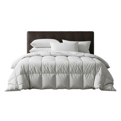 White down comforter and pillows on a bed with a brown leather headboard. For use in interior design mockups.