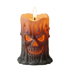 Spooky halloween candle with a skull face and dripping wax. Great for themed decorations and spooky designs.