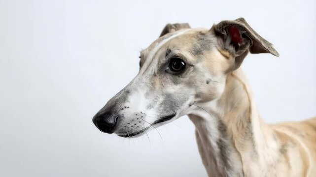 Portrait of a fawn and white whippet breed dog on a white seamless background with smooth lighting in a studio setting.
