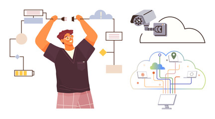 Technician holds power cables to manage cloud computing, data flow, and surveillance systems. Ideal for technology, cloud storage, cybersecurity, network management, IoT innovation teamwork. Simple