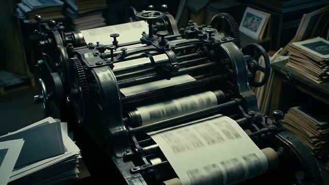 Antique Printing Press Machine Printing Papers with Dark Ink in an Old Workshop Setting