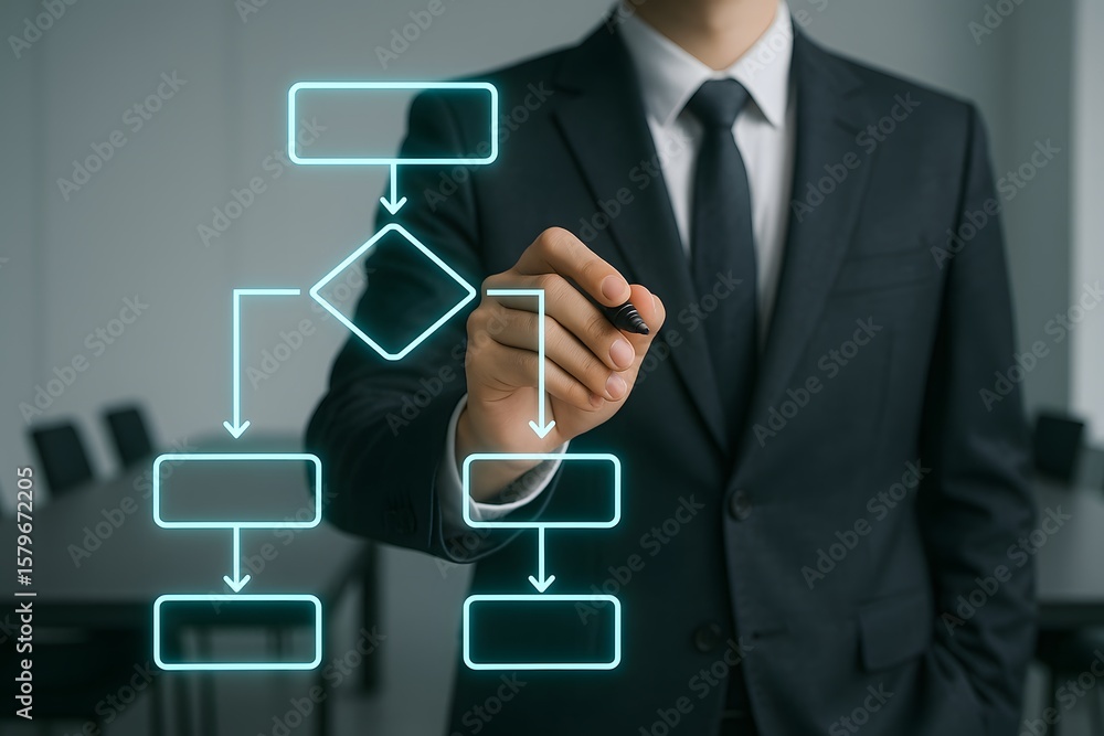 Poster a suited professional draws glowing flowchart boxes and arrows in a boardroom. concept of process op
