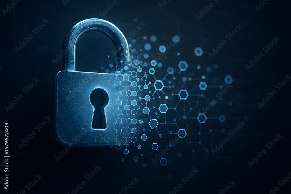 Poster a digital padlock, its form dissolving into a network of interconnected, ethereal data points, symbo