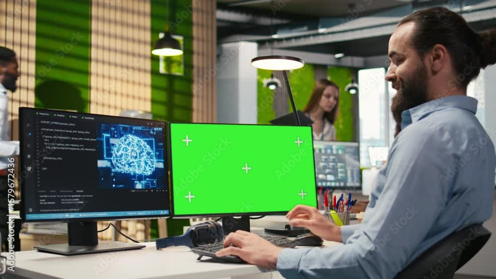 Fototapete technician in office using green screen pc, automating repetitive tasks with ai scripts. it expert u