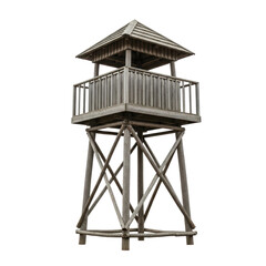A wooden watchtower with a platform and roof. It is made of logs and planks, with a simple, rustic design.