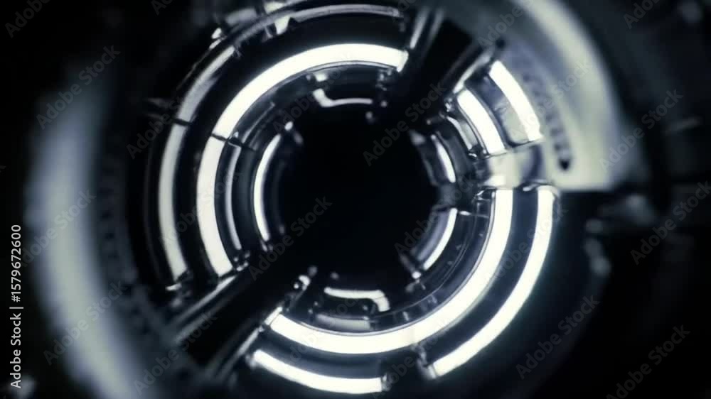 Fototapete rotating metal ring structure with internal lights moving in sync in a loop on a black background
