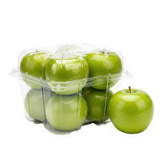 A six pack of vibrant green apples in a clear plastic container, with one apple sitting outside the pack.