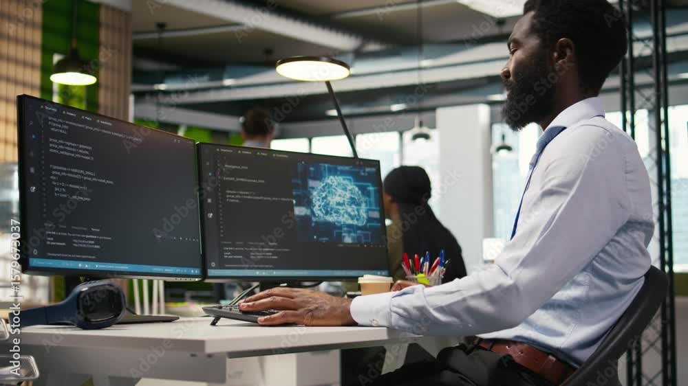 Aufkleber system administrator at office desk developing software applications using ai automation. it special