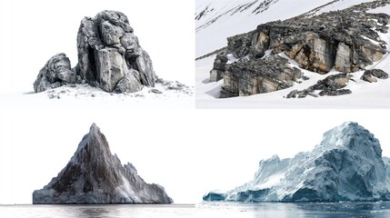 Four images depict rocky formations and icebergs amidst a snowy or watery setting