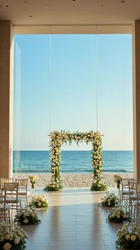 Elegant wedding ceremony setup with a floral arch. Indoor venue overlooking a beautiful sandy beach and ocean. Romantic destination wedding decor.