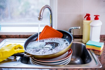 Kitchen sink washing dishes with yellow glove faucet