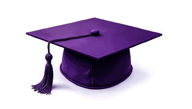 A vibrant purple graduation cap with a detailed tassel rests on a clean white background symbolizing academic achievement
