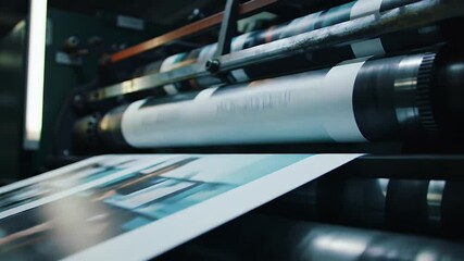 Industrial Printing Press Producing Cyan And White Sheets In A Factory With Muted Green Tones