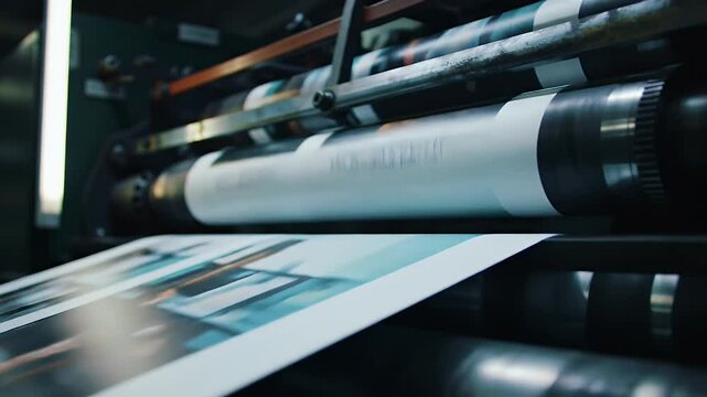 Industrial Printing Press Producing Cyan And White Sheets In A Factory With Muted Green Tones